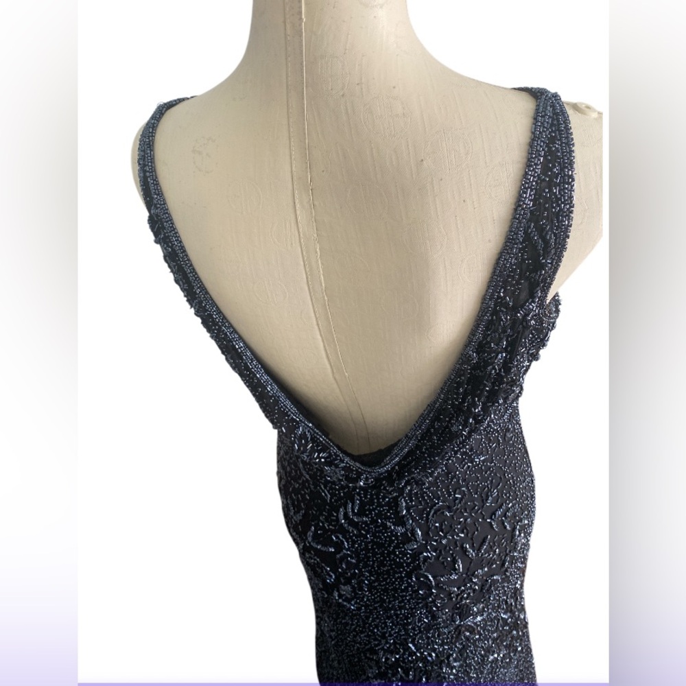 Vintage 90s 100% Silk Scala Dress Beaded Silk Slip Dress Cowl Backless Black - Picture 8 of 17